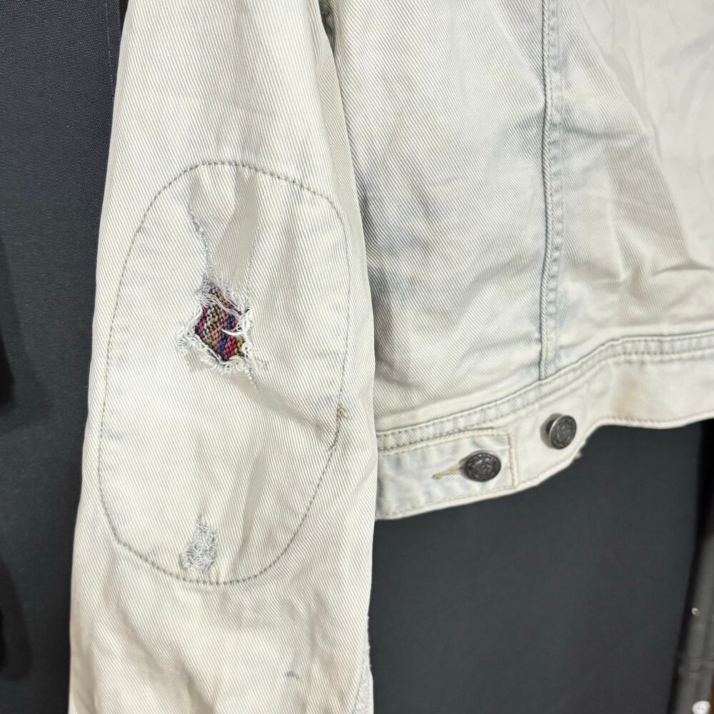 Free People Baja White Washed Denim Jacket Multicolor Knit Panels Size 2 - Picture 6 of 7